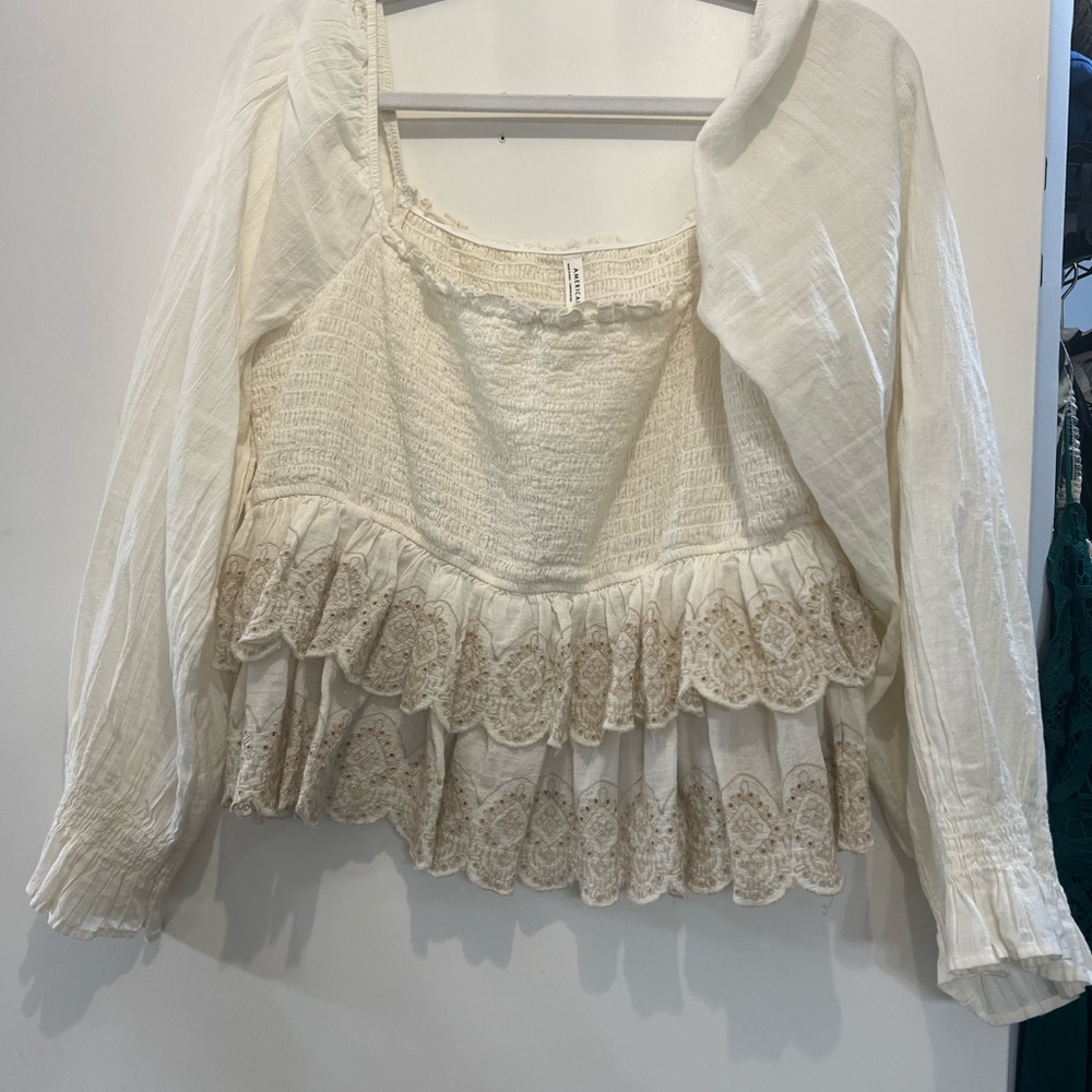 American Eagle Outfitters Cream Ivory Ruffle Peasant Blouse